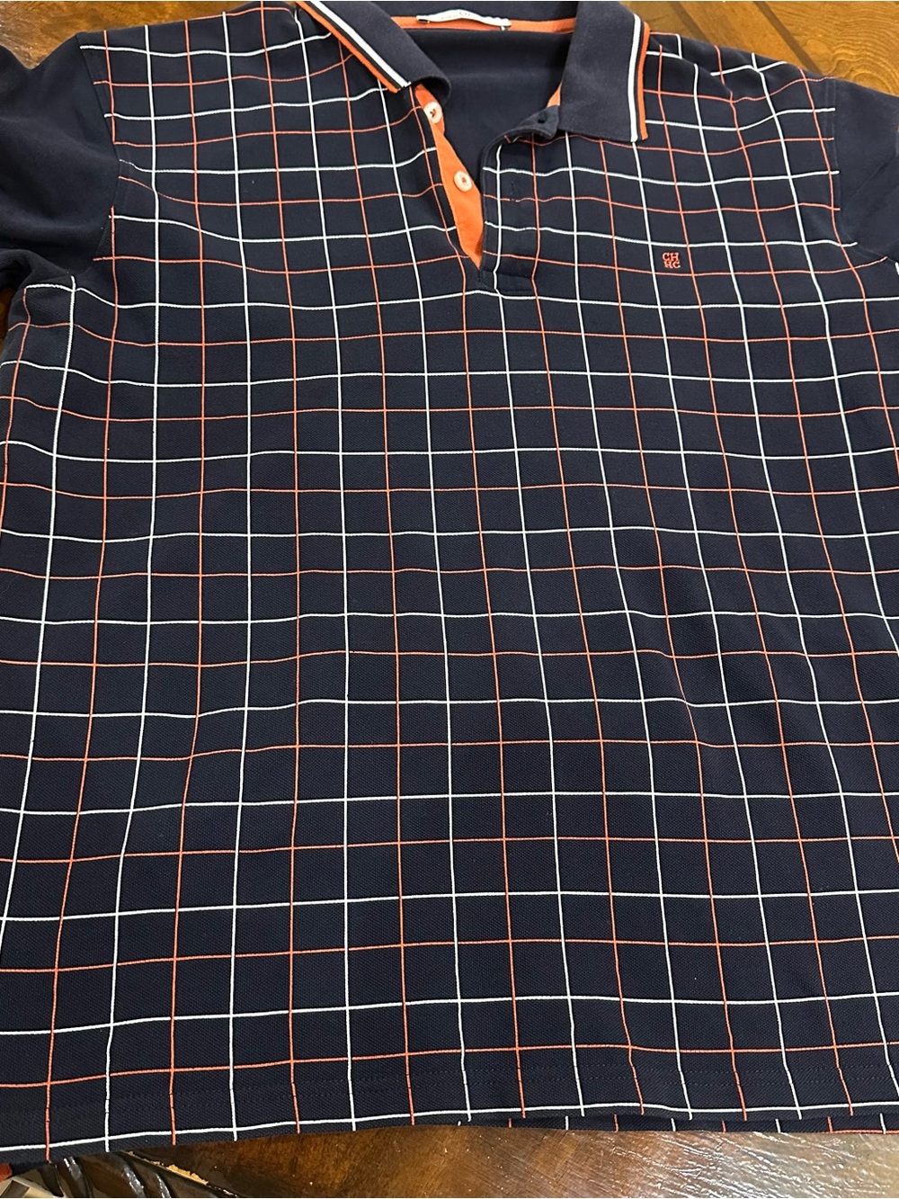 Carolina Herrera Navy Polo with Orange and White Grid